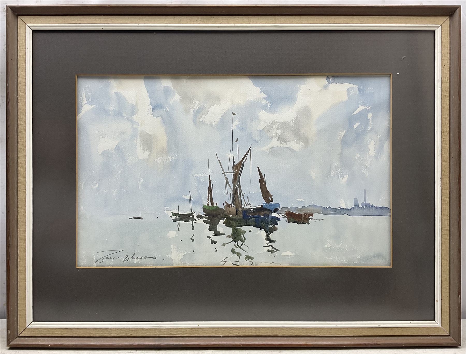 Edward Wesson (British 1910-1983): Moored Barges, watercolour signed 30cm x 50cm