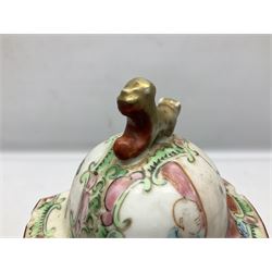 19th century Cantonese Famille Rose vase of slender baluster form, decorated with typical panels of birds and flowers alternating with figures, the cover with gilt dog of Fo finial,  with blue four character mark beneath, H33cm