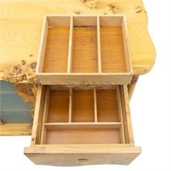 Paul Hodgkiss Designs of Glasgow - contemporary figured elm sideboard, burred elm organic form top, with frosted glass cabinet wrought metal handles revealing a fixed shelf interior, with three shaped drawers enclosing a fitted cutlery drawer, raised on square block feet 