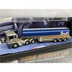 Corgi - five 'Monster Trucks' comprising Leyland-Daf Box Trailer (Parcelforce Worldwide) No.75501; ERF Tanker (Gulf Oil) No.75101; ERF Curtainside (Eddie Stobart Ltd) No.75201; ERF EC Box Trailer (Lynx Express) No.75001; and Leyland-Daf Tanker (Q8) No.75301; all in perspex display boxes (5)