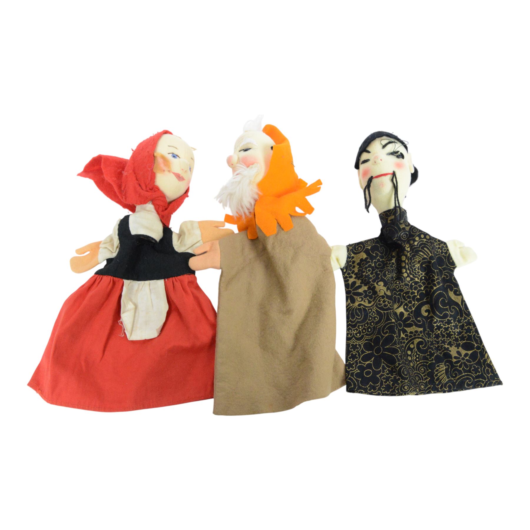 Collection of Kersa and similar German hand puppets, depicting various characters with felt faces with stitched and painted details