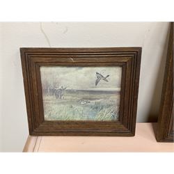 E Borddel (British 20th century) 'Castlethorpe' male and female pheasant oil on panel, together with five woven pictures of birds and three prints of birds
