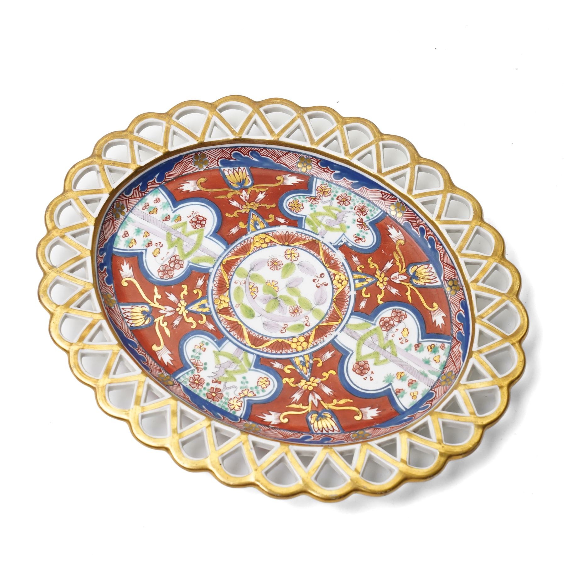 Collection of Spode Imari pattern no. 283 wares, comprising two plates and chestnut basket with stand, basket W20cm