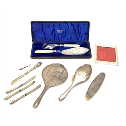 Asprey London silver photo frame, London 1906, early 20th century three-piece silver backed dressing table set by J & R Griffin, Chester 1914, cased set of late Victorian ivory handled fish servers with silver collars and other pieces of silver