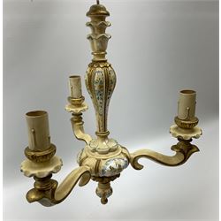 20th Century three branched painted chandelier with floral decoration, along with two branched metal wall sconce and a mirrored brass fire screen.  