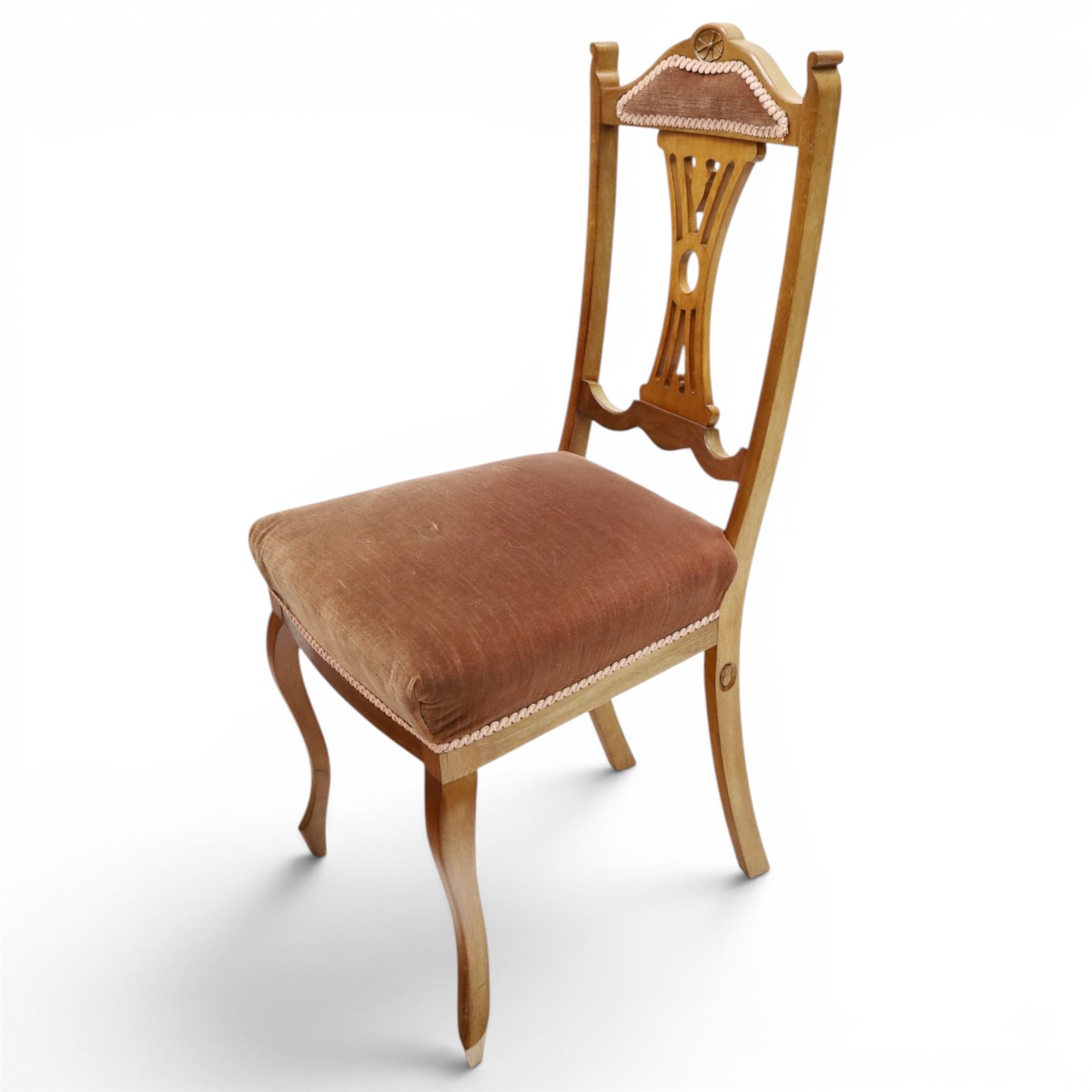 Acornman -Set of four early 19th century mahogany dining chairs and two matching chairs by Alan 'Acornman' Grainger, shaped cresting rail with upholstered top above a pierced splat back, overstuffed pink velvet seat, raised on cabriole supports, two with signature carved acorn, by the workshop of Alan Grainger of Brandsby