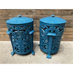 Pair of blue painted cast iron garden bins