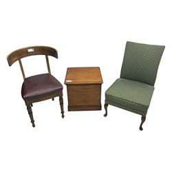 Late 19th century elm hall chair, curved backrest with leather upholstered seat, on turned supports (H81cm, W51cm), early 20th century mahogany commode, hinged lid opening to ceramic liner (H44cm, W47cm, D44cm), late Victorian upholstered nursing chair in green patterned fabric (H79cm, W49cm)