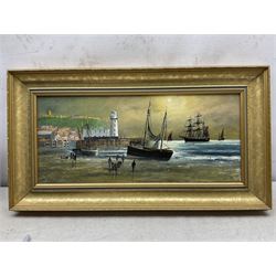Robert Sheader (British 20th century): Scarborough South Bay at Low and High Tide, pair oils on board signed 21cm x 49cm (2)