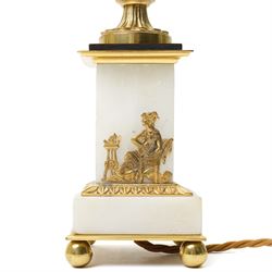 Pair of early 20th-century Neoclassical lamp bases in gilt bronze and alabaster, each decorated with classical figural reliefs celebrating the arts, each of baluster form, the alabaster bodies applied with finely cast gilt-bronze scenes including a seated painter at an easel, a sculptor at work, and allegorical female figures with musical  and theatrical motifs, mounted on square alabaster plinths with gilt-bronze borders and raised on bun feet, the domed shoulders enriched with laurel-leaf mouldings, H42cm 
