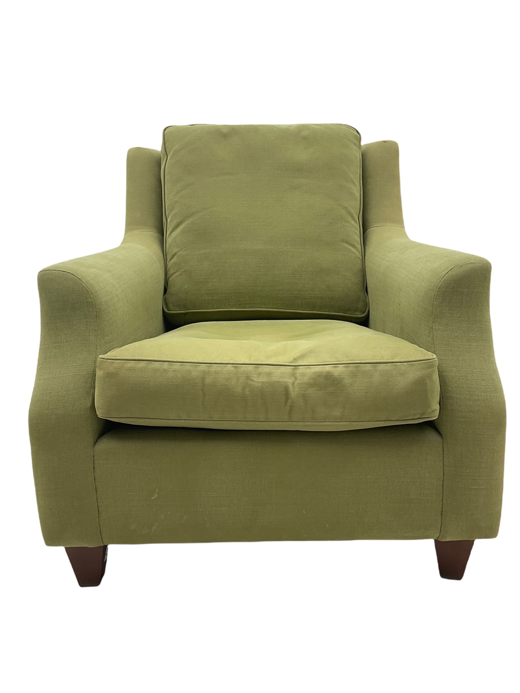 Wesley-Barrell two seat sofa and pair of matching armchairs, upholstered in sage linen fabric