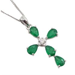White gold emerald and diamond cross pendant, stamped 14K, on silver chain, total emerald weight approx 1.95 carat
