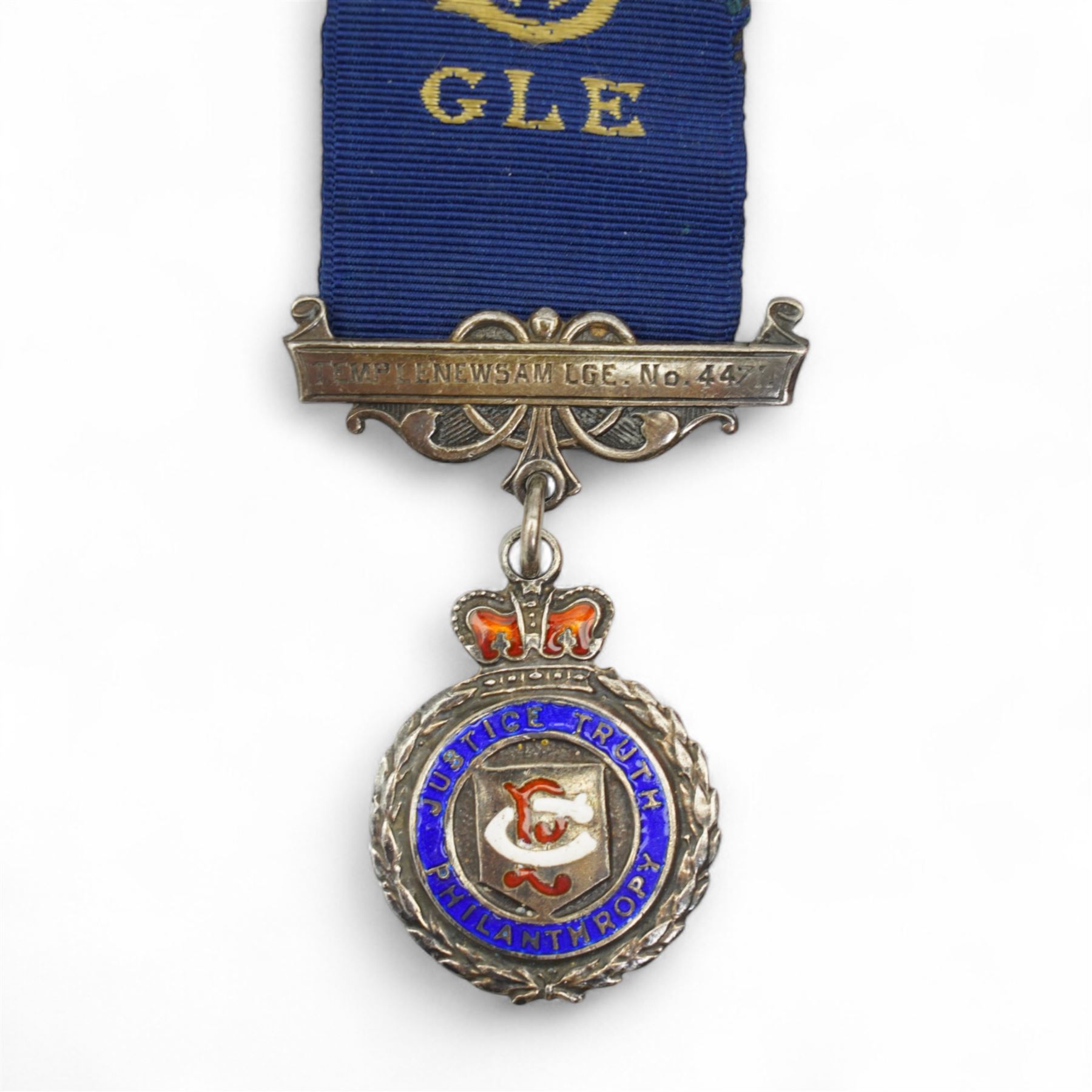 Bro. David Miles - Royal Antediluvian Order of Buffaloes - 9ct gold and enamel Order of Merit and Honour of Knighthood , Templenewsam Lodge, 1938, two silver jewels and two other jewels on a silk collar