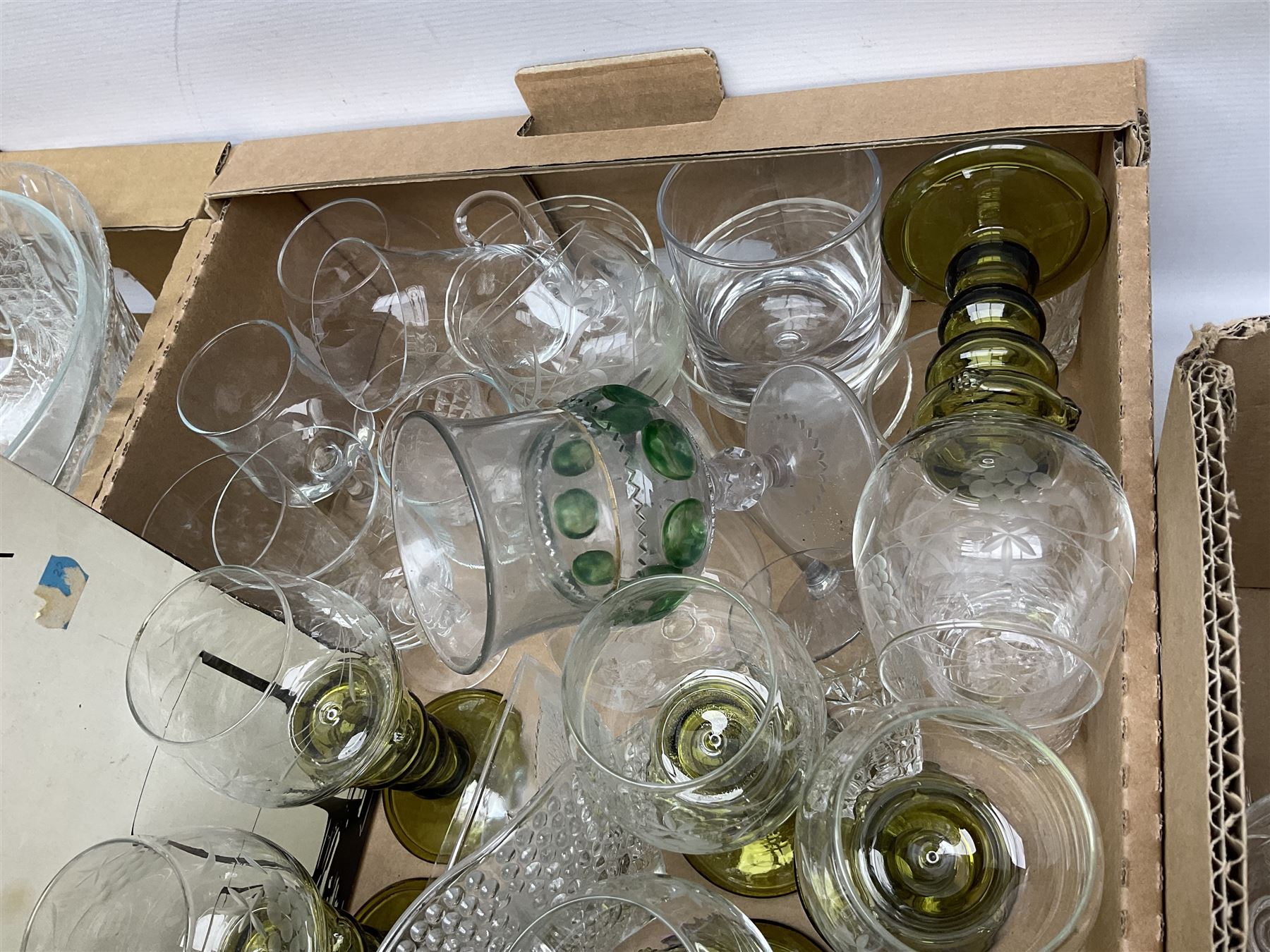 Quantity of glass ware to include boxed Pagoda Guzzini tumblers, Roemer type glasses with etched bowls, Caithness vase, other engraved glass, bowls, decanter, etc