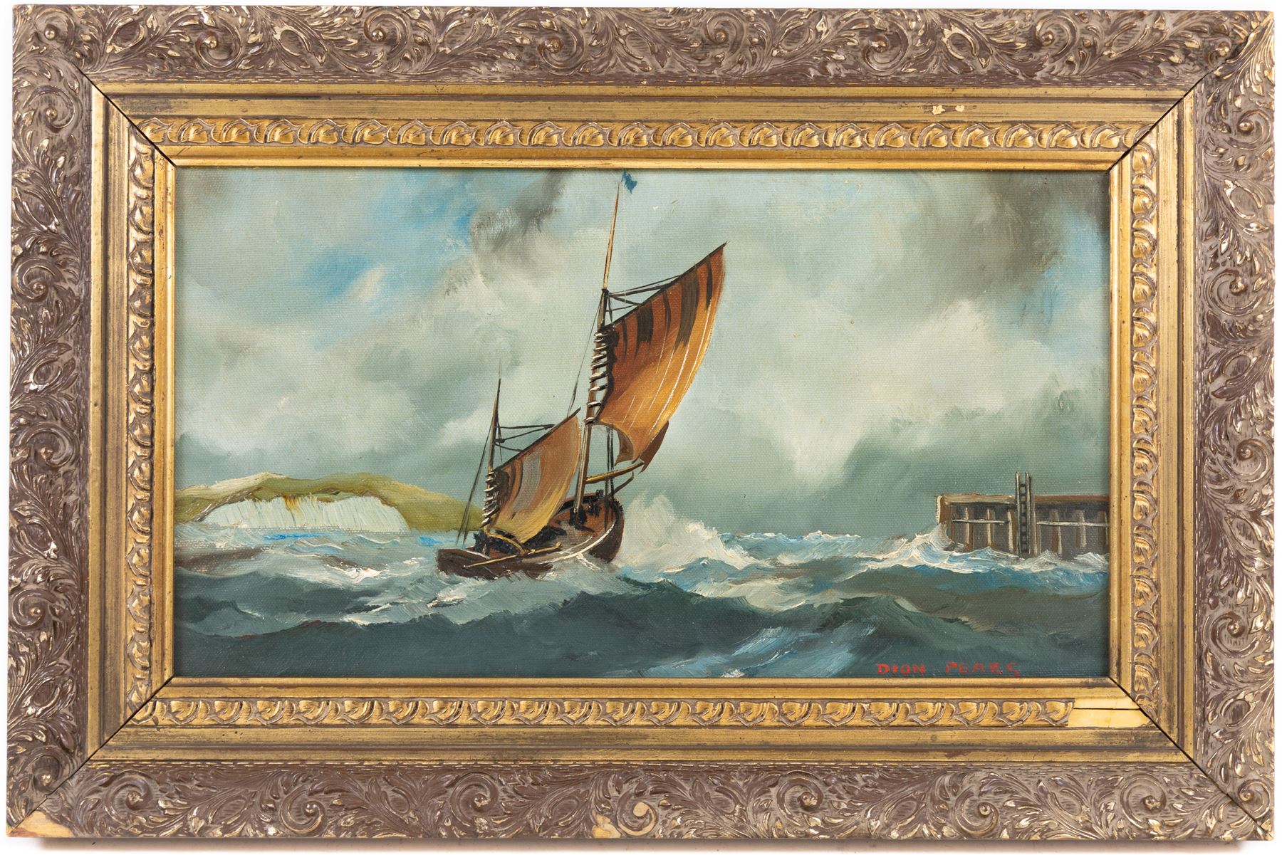 Dion Pears (British 1829-1985): Sailing By the Cliffs, oil on canvas board signed 23cm x 42cm 