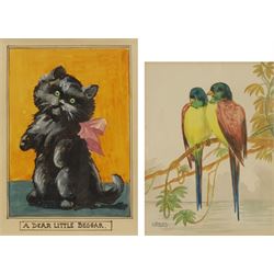After Louis Wain (British 1860-1939): 'A Dear Little Beggar', watercolour unsigned 14cm x 10cm; J Turner (Early 20th century): Tropical Birds, watercolour signed 12cm x 9cm (2)