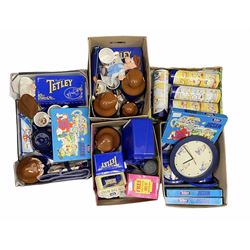 Five boxes of Tetley tea memorabilia and collectables including teapots, clocks tins etc