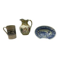 19th century Staffordshire pottery jug, entitled Willie Brewd a Peck o maut, depicting figures in relief, H24cm, a blue and white Victoria Ware Ironstone shaving bowl, L27.5cm, and a 19th century French Sarranguimes tankard with black transfer printed band depicting figures and horses, H17cm
