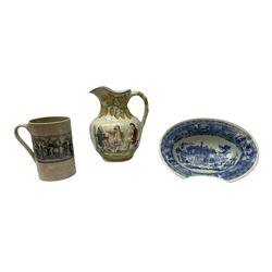 19th century Staffordshire pottery jug, entitled Willie Brewd a Peck o maut, depicting figures in relief, H24cm, a blue and white Victoria Ware Ironstone shaving bowl, L27.5cm, and a 19th century French Sarranguimes tankard with black transfer printed band depicting figures and horses, H17cm
