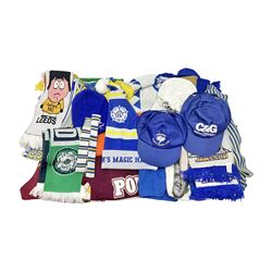 Collection of Leeds United scarves, hats