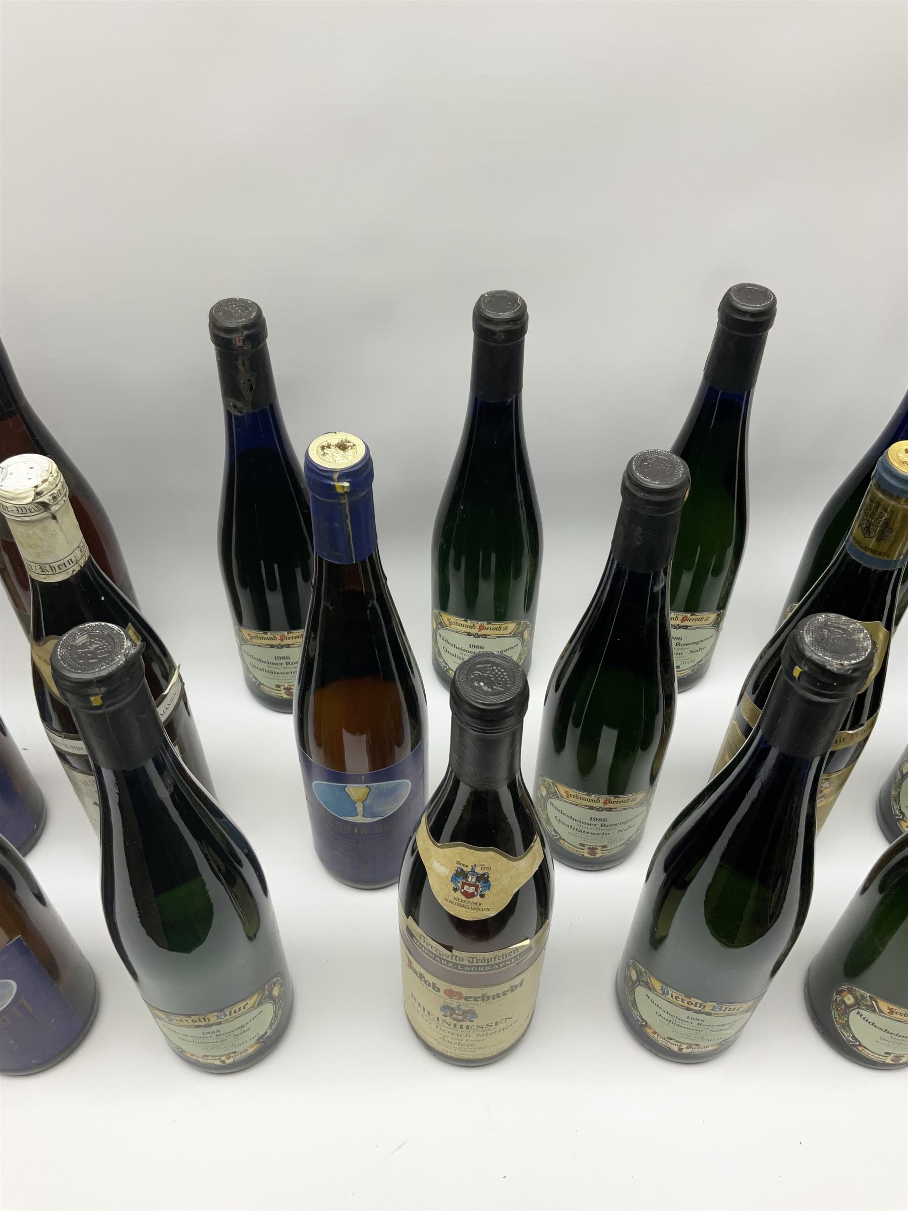 Mixed alcohol including Pieroth Blue 1988 Qualitatswein Nahe 750ml, 10%Vol, Ferdinand Pierroth 1986 Qualitatswein Nahe 70cls etc, various contents and proofs, 25 bottles