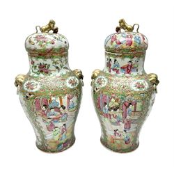 Pair of 19th century Chinese Famille Rose vases and covers, each of baluster form with twin gilt lion mask ring handles to shoulders, the flattened domed covers with gilt temple lion finials, each decorated with alternating reserves of bijin and attendants, and birds and butterflies amongst blossoming peonies, against a gilt ground profusely decorated with stylised scrolls, H32.5cm