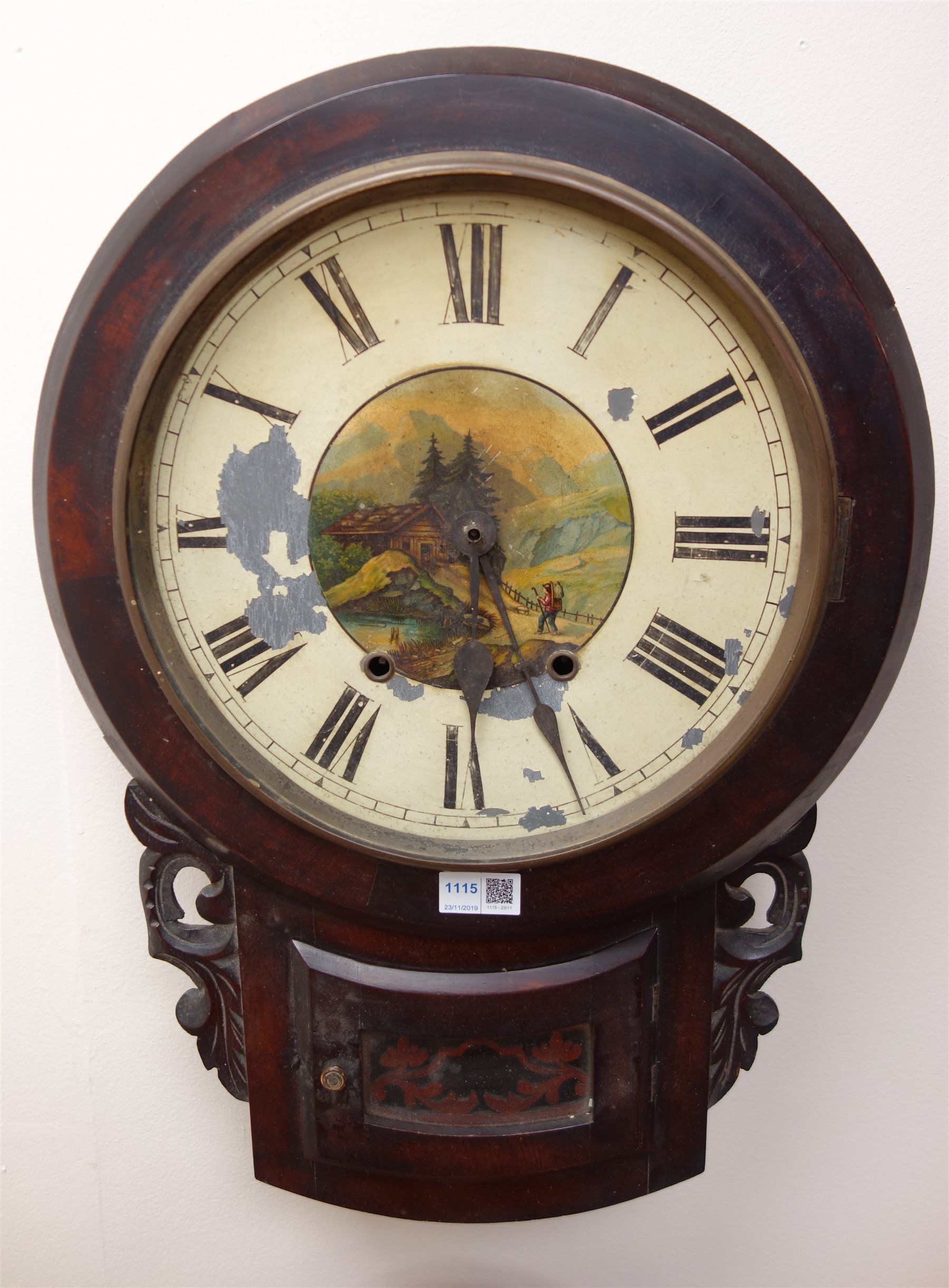 Victorian mahogany drop dial wall clock painted with an Alpine scene