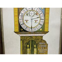 Religious print depicting a grandfather clock with colourful sacred texts from the book of revelations, and religious tects, in wood frame, L93cm