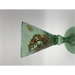 19th century bohemian green glass wine glass, the funnel bowl decorated in enamells with a Historismus hunting scene in the manner of Egermann & Lobmeyr, upon a baluster stem and circular foot, H14.5cm