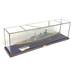 Early 21st century Atlas Editions large model of HMS Hood with paperwork L135cm, on oak base with leaded perspex cover L169cm H50cm D39cm