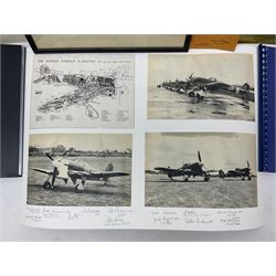 Pair of unframed montages each with images of four WWII fighters with multiple signatures in the bottom margin 42 x 58cm; loose leaf album containing various photographs and signatures, predominantly airmen, including two 1960s menu programmes for the Victoria Cross and George Cross Associations each bearing multiple signatures, limited edition Battle of Britain etc; two WWII Regimental photographs; various military related booklets etc