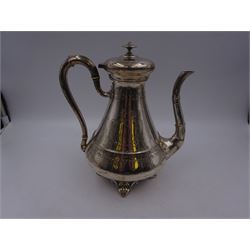 French silver coffee pot, of tapering bellied form, with engraved foliate and scrolling decoration and monogram to body, with C scroll handle with ivory insulators, upon four openwork palm leaf pad feet, Minerva's head for 800 standard and weevil import mark, H22cm This item has been registered for sale under Section 10 of the APHA Ivory Act