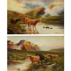 S H Dennis (British early 20th century): Highland Cattle, pair oils on canvas signed and dated 1935, 34cm x 55cm and a further medical themed print 52cm x 55cm (3)