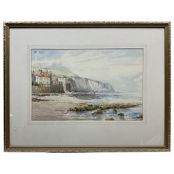 Edward H Simpson (British 1901-1989): 'On the Beach at Robin Hood's Bay' and 'The Old Lighthouses Whitby', two watercolours signed, labelled verso 27cm x 42cm (2)