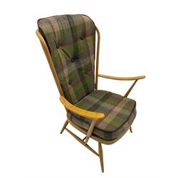 Ercol - light beech high back easy armchair, with upholstered loose cushions in tartan fabric 