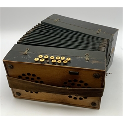 RTV - Late 19th/early 20th century accordion of oblong form with fretworked ebonised case and forty-three bone buttons L31cm