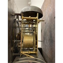 William & Mary floral marquetry 8-day longcase clock c 1700, later mid-18th century four pillar rack striking movement with a square brass dial and subsidiary seconds dial, ringed winding holes and calendar aperture to the matted dial centre, with London cherub head cast spandrels and (later) fretted steel hands, silvered Roman numeral chapter ring with stylised fleur di Lis half hour makers, narrow Arabic five-minutes, minute track and inner quarter hour track, signed Thomas Horlock, Hammersmith, 
case with box upstand to the domed floral marquetry decorated caddy with three brass flame finials, above a moulded cornice and fretwork frieze,  inlaid hood door with attached barley twist pillars to the front above an inlaid convex moulding, full length D moulded trunk door with a circular lenticle inlaid with floral and foliage panels inhabited with birds, on a conforming marquetry plinth with applied double skirting. Thomas Horlock is recorded as a Whitesmith & Clockmaker of Hammersmith, Middlesex.
A copy of Thomas Horlock's will dated the 15th June 1757 is held at The National  Archives Kew.