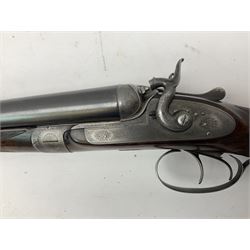 19th century Purdey 12-bore side-by-side double barrel black powder hammer gun, 76cm cylinder bored un-choked barrels with 2.5