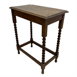 Edwardian oak revolving bookcase, moulded rectangular top over two tiers (46cm x 46cm, H83cm); Victorian oak side table, the moulded rectangular top carved with shells and foliage, on turned supports joined by stretchers (65cm x 44cm, H74cm); small oak stool with lattice-work leather seat (45cm x 33cm, H26cm); and an early 20th century oak side table, moulded rectangular top on bobbin turned supports joined by plain stretchers (61cm x 35cm, H73cm) 
