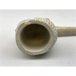  Early Victorian marriage mug for Thomas and Caroline Parkinson dated 11th Sept. 1845 Hull H8cm, similar christening mug for their daughter Hannah Matilda, blue/white transfer printed pot lid with base for Francis Earle, Pharmaceutical Chemist, 22 Market Place, Hull with central study of Holy Trinity Church and clay pipe, the bowl as man's head (4)  