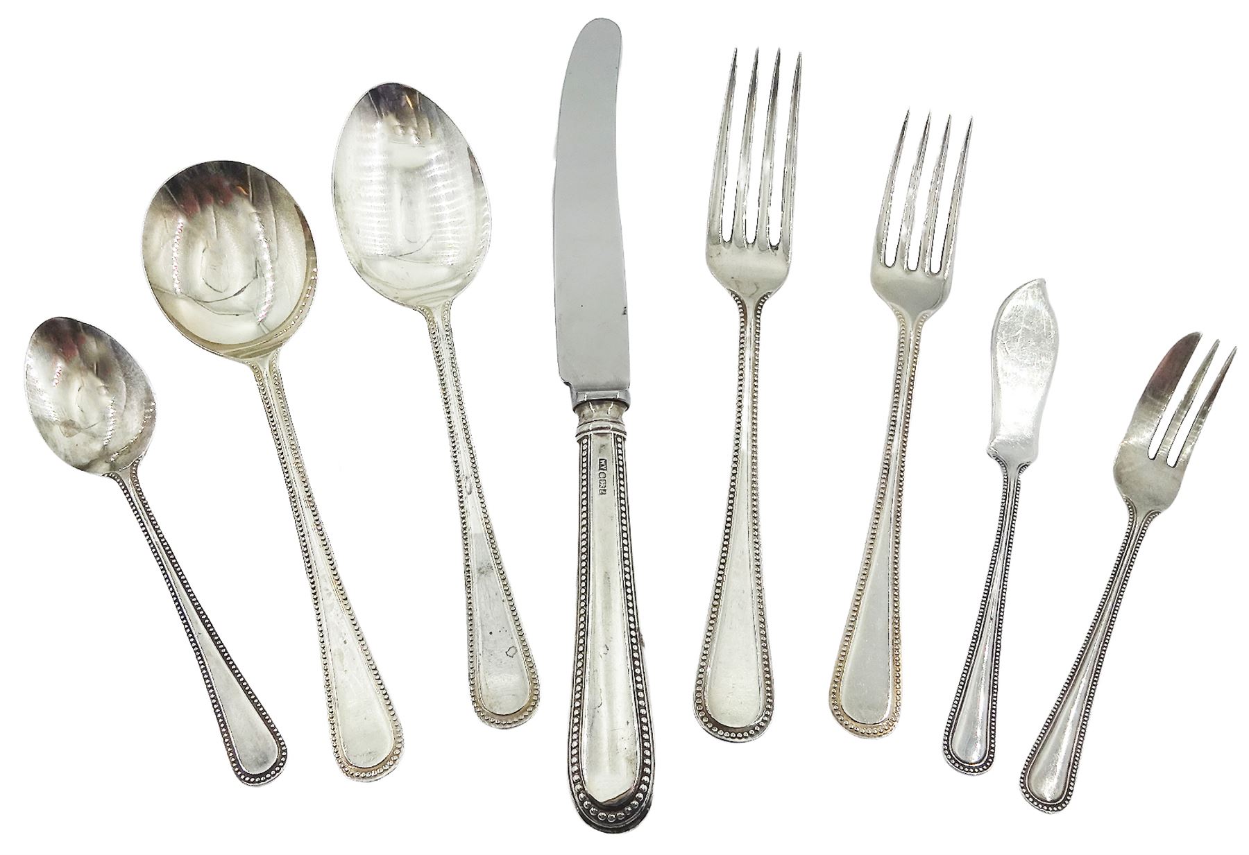 Modern silver Bead Edge pattern canteen, for six place settings, comprising dinner forks, dinner