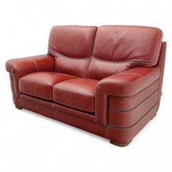 Bardi, Italy - two-seat sofa and footstool, upholstered in deep red leather, stool 72x63x39cm 