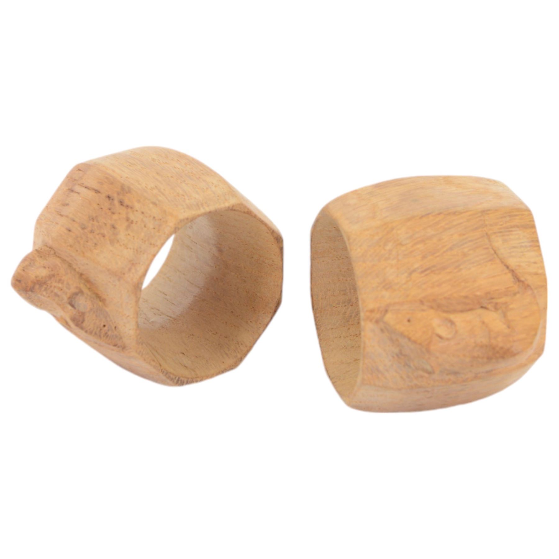 Mouseman - two oak napkin rings, bulbous octagonal form carved with mouse signature, by the workshop of Robert Thompson, Kilburn, H5cm