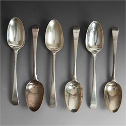 Set of six George III silver Old English pattern table spoons, each engraved with a phoeni...