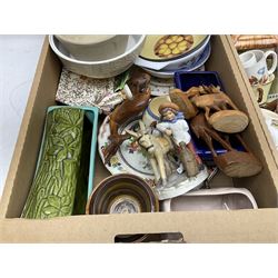 Two Poole Pottery dinner plates and a meat plate, four Copeland Spode Bermuda pattern dinner plates, Sadler jug, Keele St Pottery cottage tea wares, Torquay Motto ware, blue and white jug and bowl, two large planters and other ceramics, etc, in four boxes 