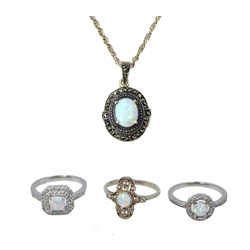 Opal and marcasite pendant necklace and three opal dress rings stamped 925 or sil