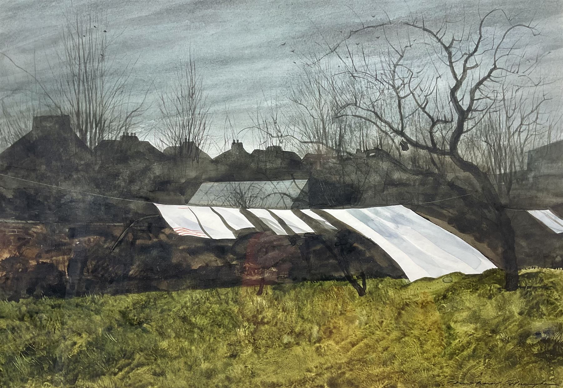 Michael Felmingham (British 1935-): Washing Drying with Rooftop Silhouette, watercolour signed 35cm x 51cm