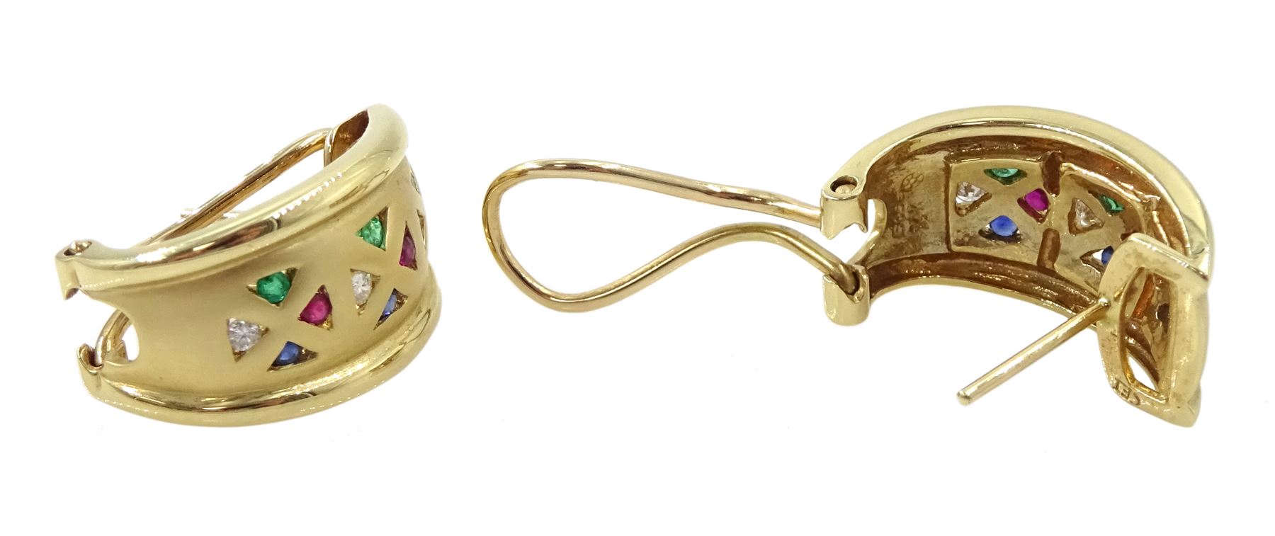 Pair of 14ct gold emerald, ruby, sapphire and diamond half hoop earrings, in satin gold finish by by Colombian Emeralds International, boxed with certificate 