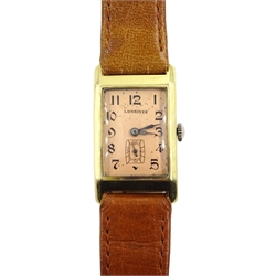 Longines gentleman's gold rectangular manual wind wristwatch No.5892465, salmon pink dial, stamped 14K 585, on tan leather strap