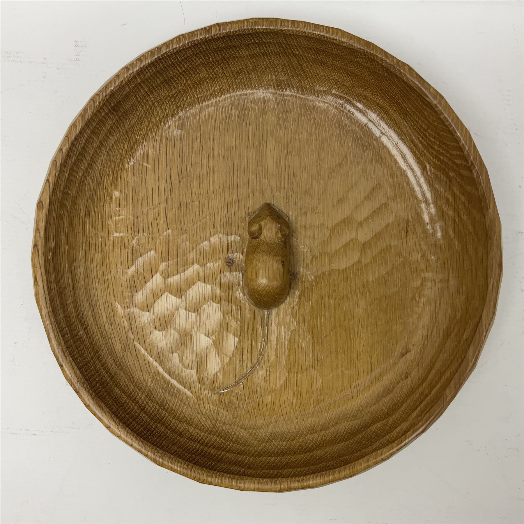 Mouseman - tooled oak fruit bowl, carved with oversized mouse signature, by the workshop of Robert Thompson, Kilburn 